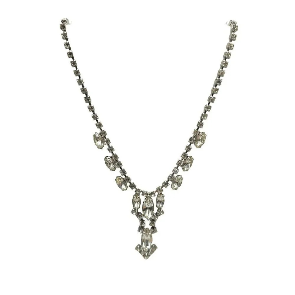 Clear Rhinestone Crystal Y Drop Necklace Hook Closure Silver Tone Vintage